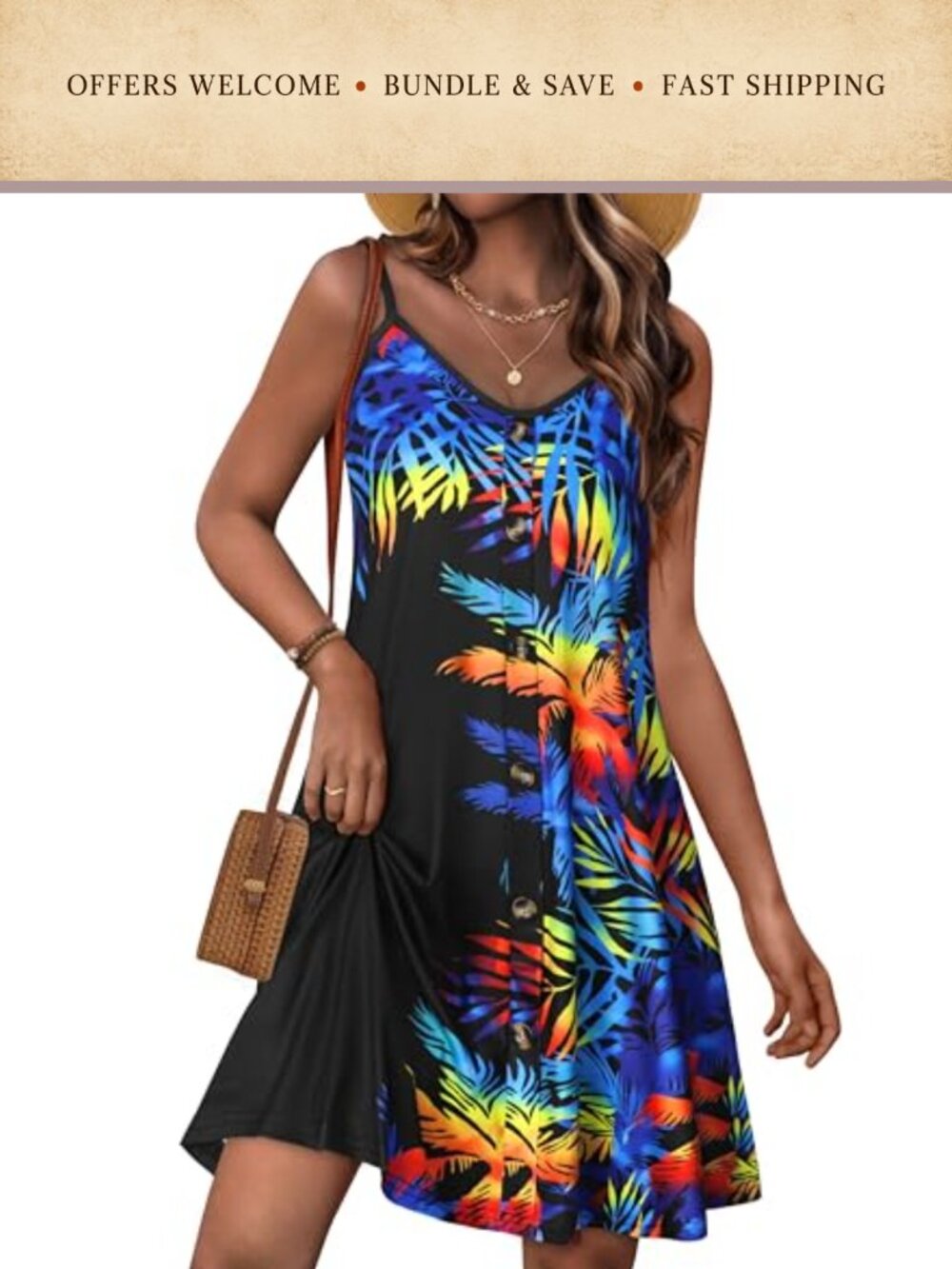 Spaghetti Strap Button Down Sundress with Pockets Loose Fit Casual Summer Dress